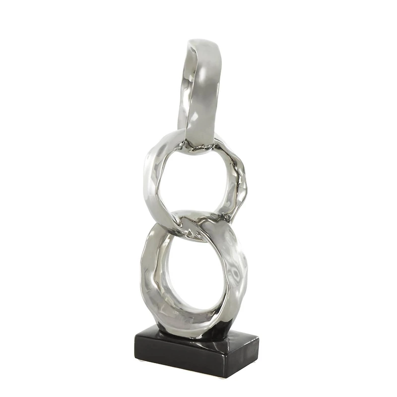 15" Silver Abstract Interlocked Rings Ceramic Sculpture with Black Base