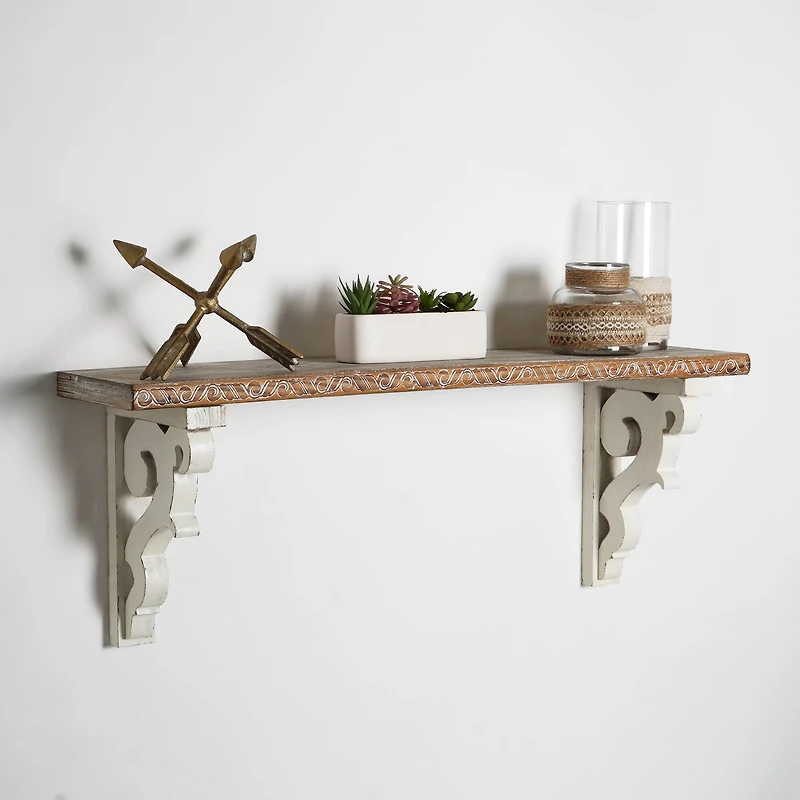 Whitewashed Distressed Antique Wood Corbel Wall Shelf Brackets (Set of 2)