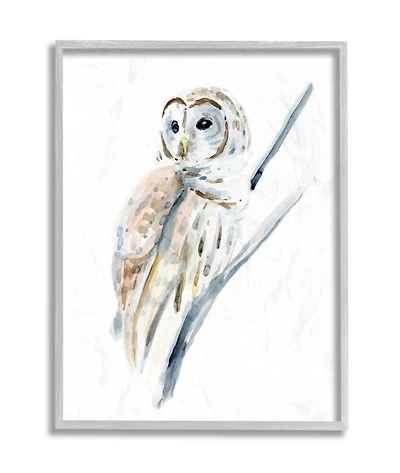 Stupell Industries Soft Arctic Owl Perched on Minimal Branch in Gray Frame Wall Art