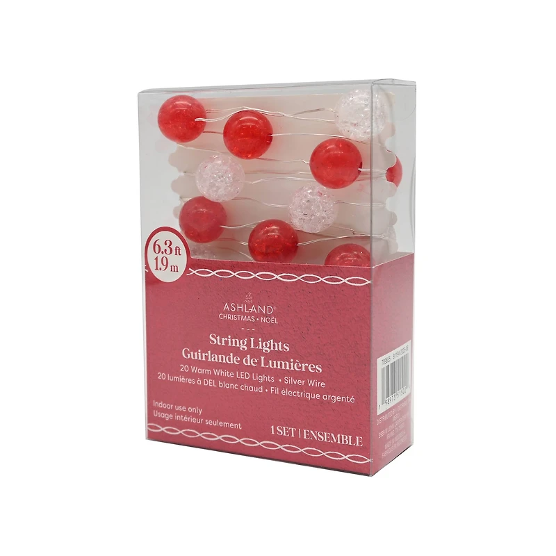 20ct. Warm White LED Red & Clear Cracked Ball String Lights on Silver Wire by Ashland®