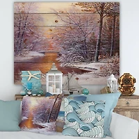 Designart Christmas Forest with River & Trees II Print on Natural Pine Wood