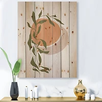 Designart - Abstract Orange Sun and Moon With Tropical Leaf - Modern Print on Natural Pine Wood