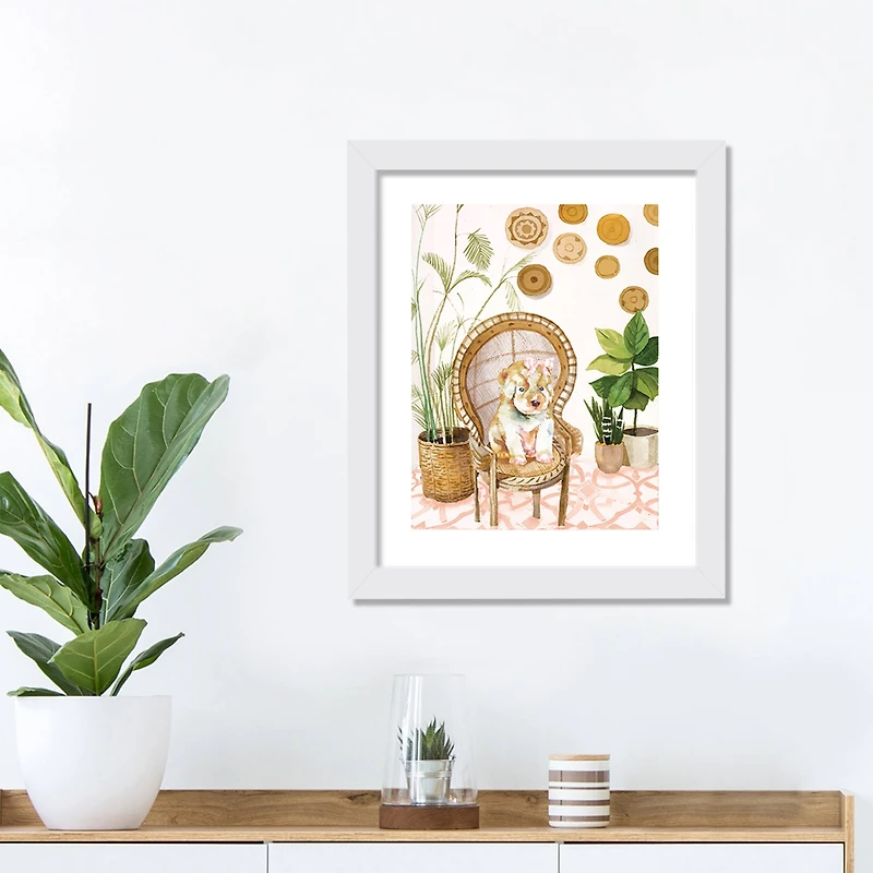 Puppy In Peacock Chair 1 11" x 14" White Framed Print Under Plexiglass