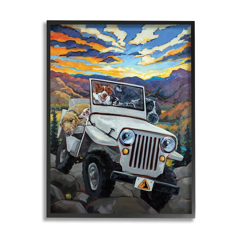 Stupell Industries Dogs Off-Roading Mountain Sunset Wall Art with Frame