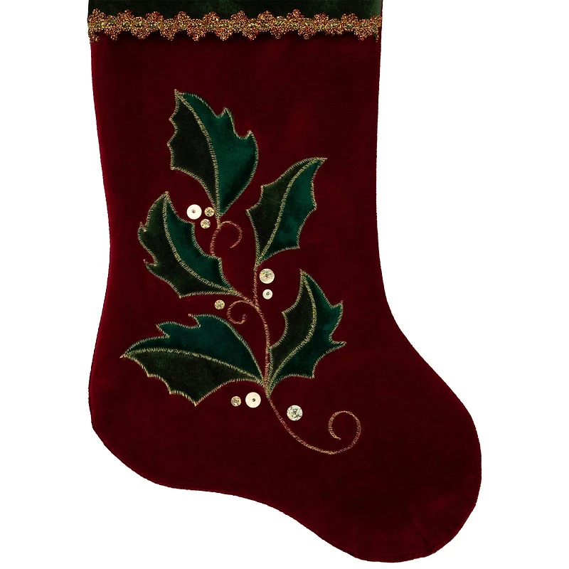 20.5" Holly Embroidered Velvet Stocking