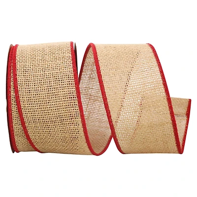 JAM Paper 2.5" x 10yd. Natural Burlap with Red Wired Edge Ribbon