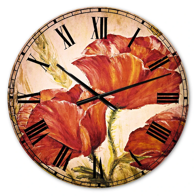 Designart 'Three Poppies Flower Traditional Wall Clock