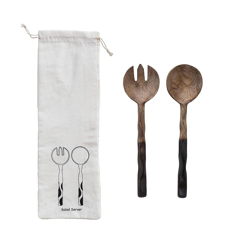 Hello Honey® Natural & Espresso Mango Wood Salad Server Set with Drawstring Bag