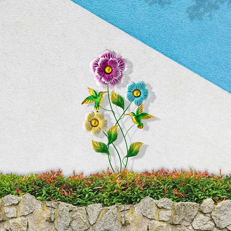 Glitzhome® 34" Flowers & Hummingbirds Garden Stake