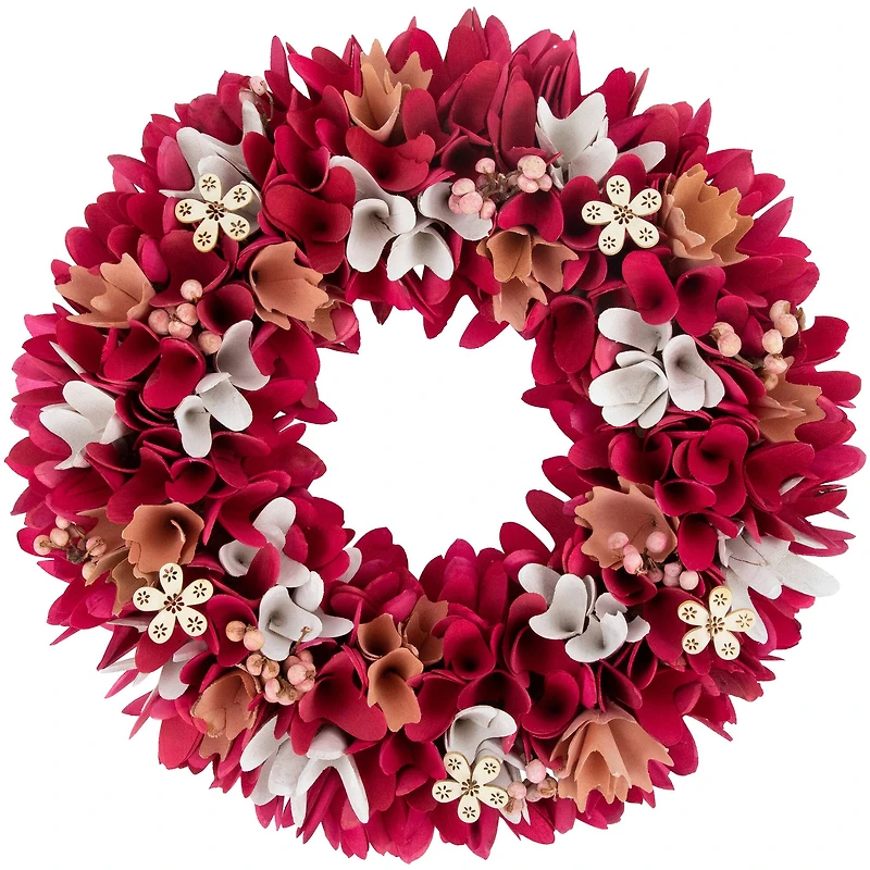 13" Fuchsia Pink & White Wooden Floral Wreath with Berries