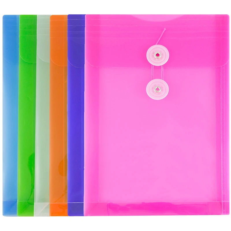 JAM Paper 6.25" x 9.25" Assorted Button & String Tie Closure Plastic Envelopes, 6ct.