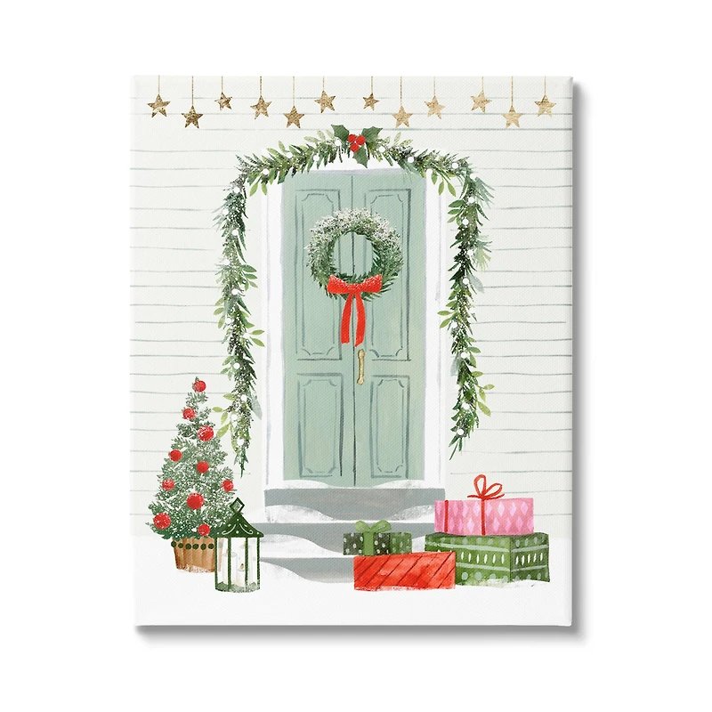 Stupell Industries Christmas Presents Wreath Doorstep Canvas Wall Art