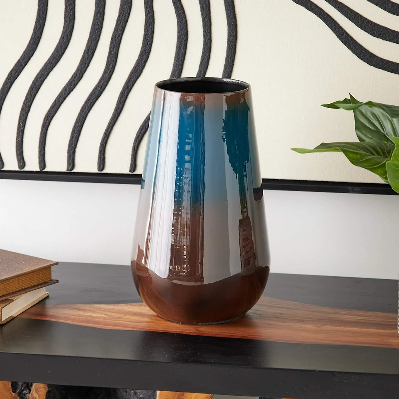 12" Blue Metal Ombre Vase with Brown Accents