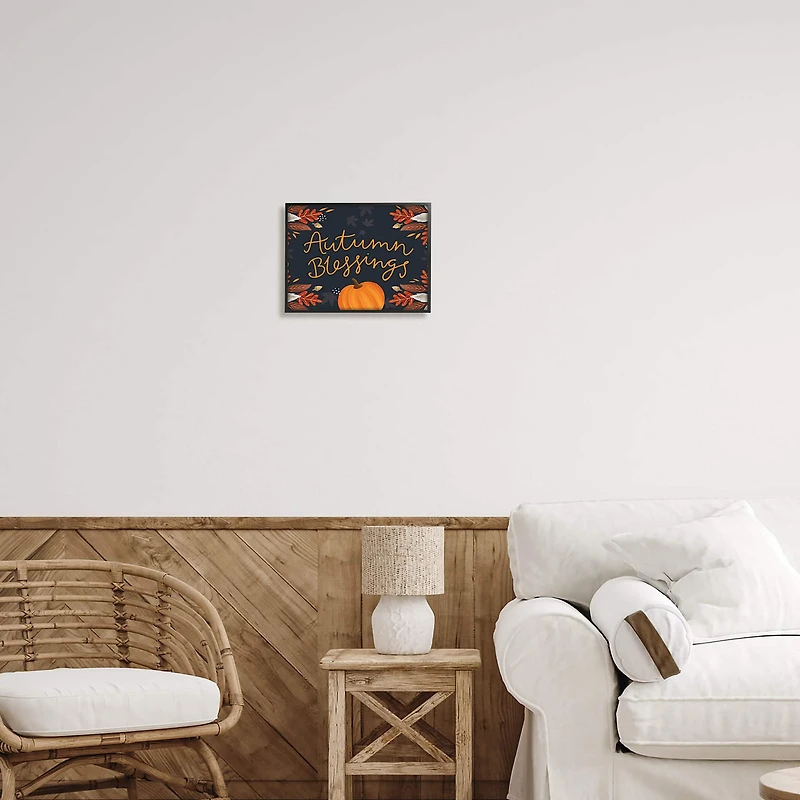 Stupell Industries Autumn Blessings Fall Leaves Pumpkin Framed Giclée Art