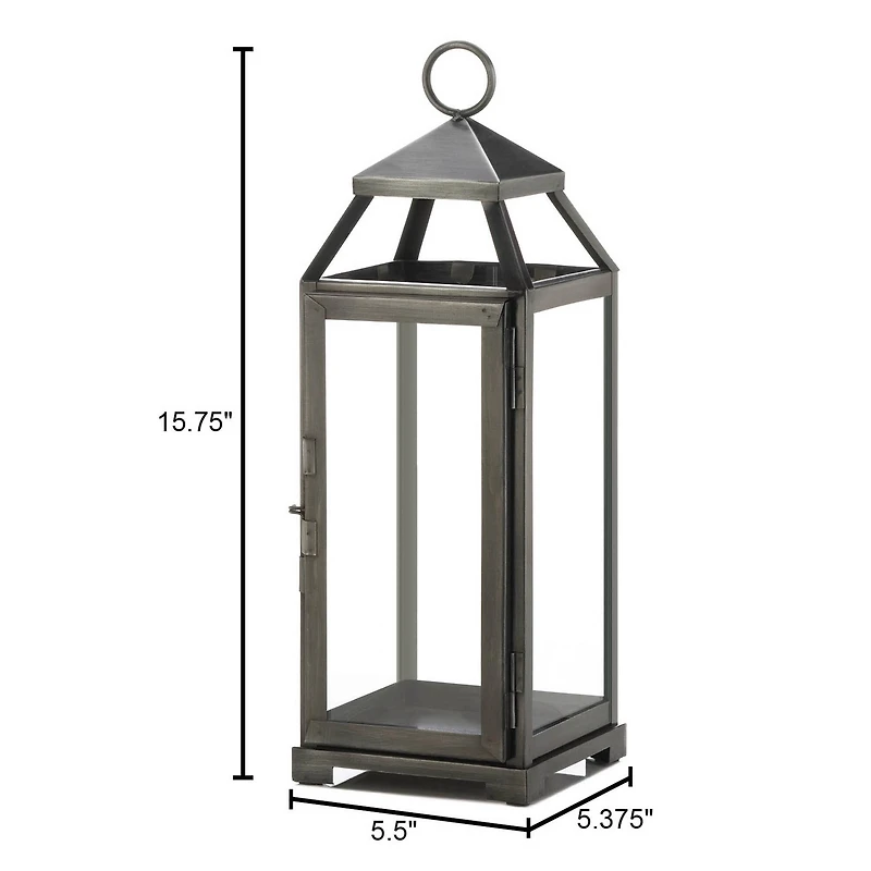 16" Brushed Pewter Iron & Glass Lantern