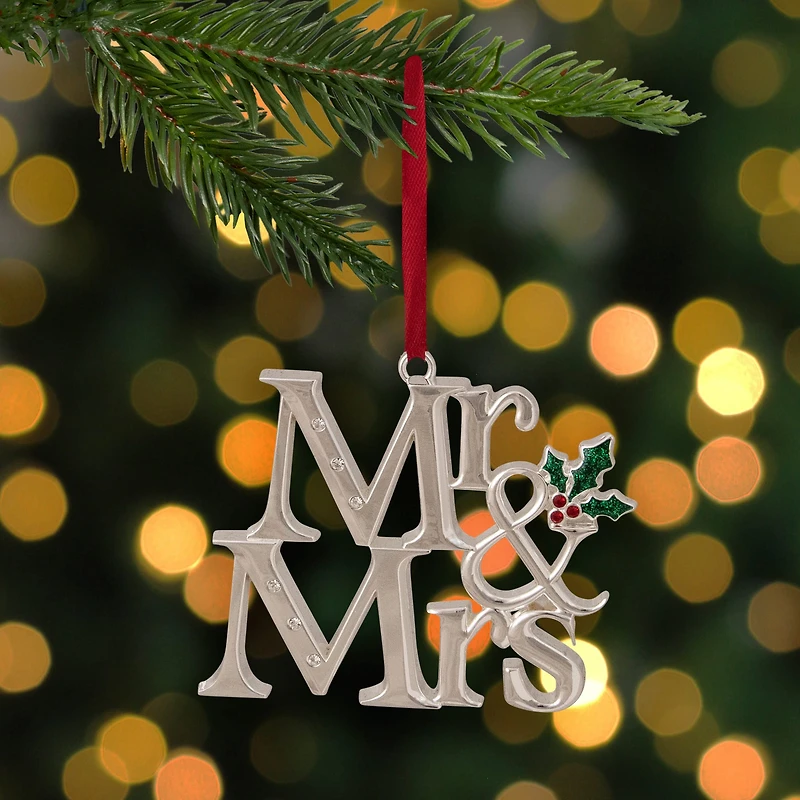 3.75" Silver "Mr & Mrs" with Holly Leaves Ornament