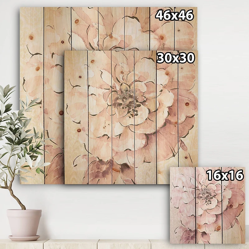 Designart - Indigold Shabby Peonies Pink - Farmhouse Print on Natural Pine Wood