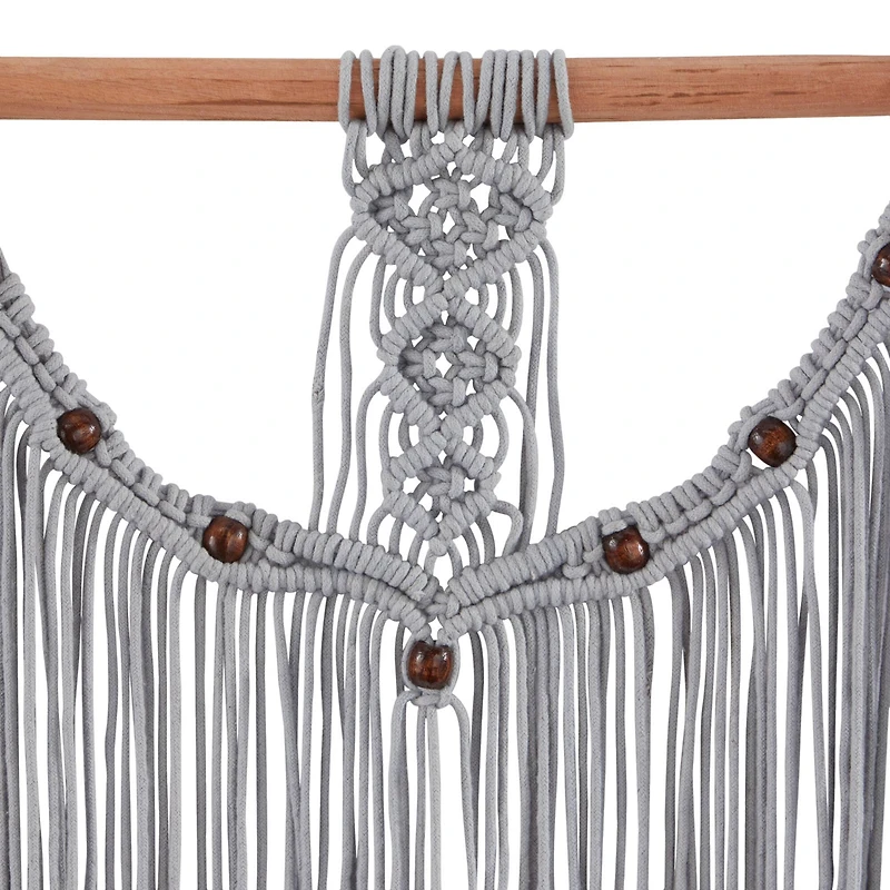 Gray Cotton Intricately Weaved Macrame Wall Decor with Beaded Fringe Tassels 20" x 1" x 44"