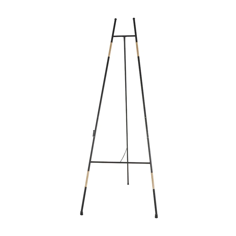 64" Black Metal Slim Foldable 2-Tier Easel with Wrapped Rattan Accents