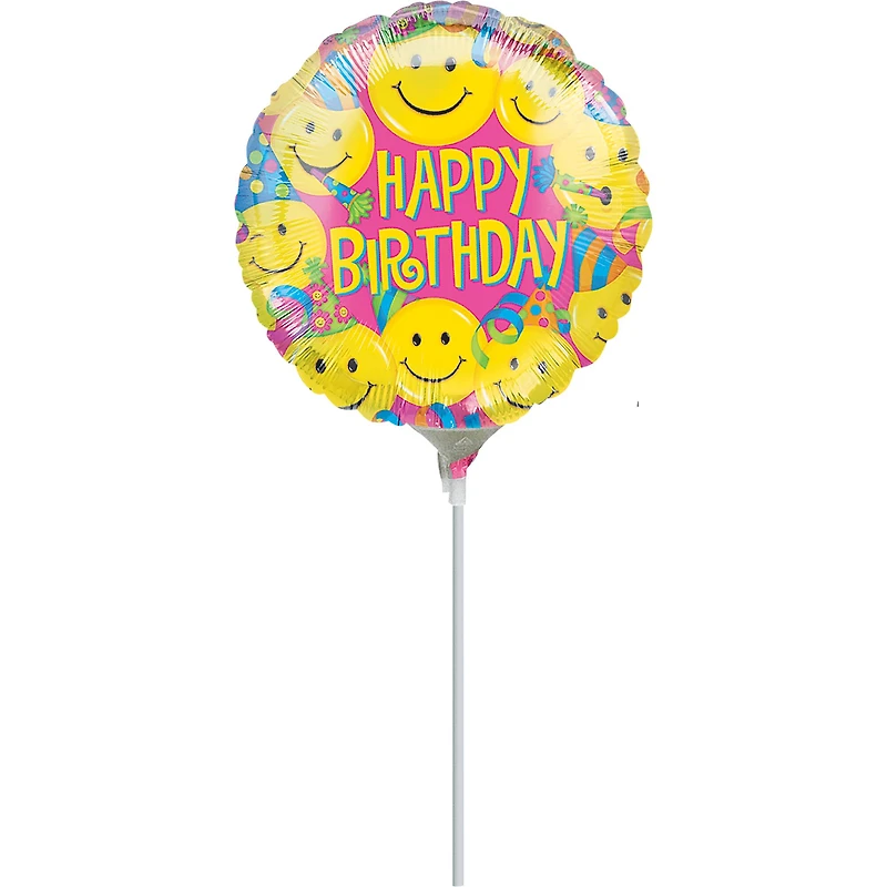 9" Smiley Face Happy Birthday Foil Balloon Stick