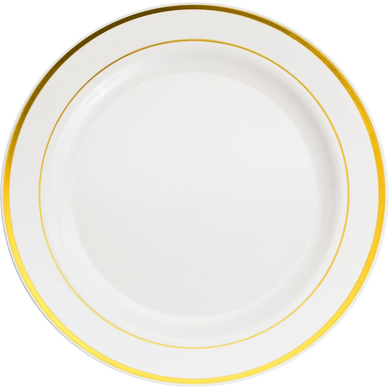 12 Packs: 10 ct. (120 total) 10.3" Round Banquet Plates with Gold Trim by Celebrate It™