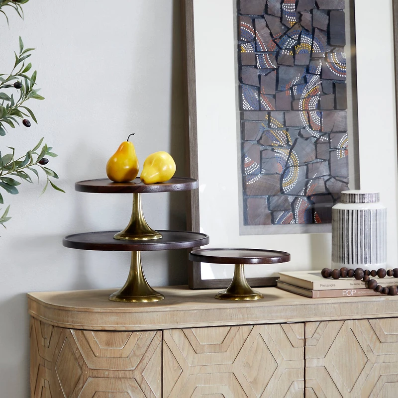 Dark Brown Mango Wood Modern Cake Stand, Set of 3" 14", 12", 10"