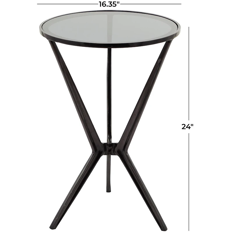Black Aluminum Hourglass Shaped Stand Accent Table with Clear Glass Top 16" x 16" x 24"