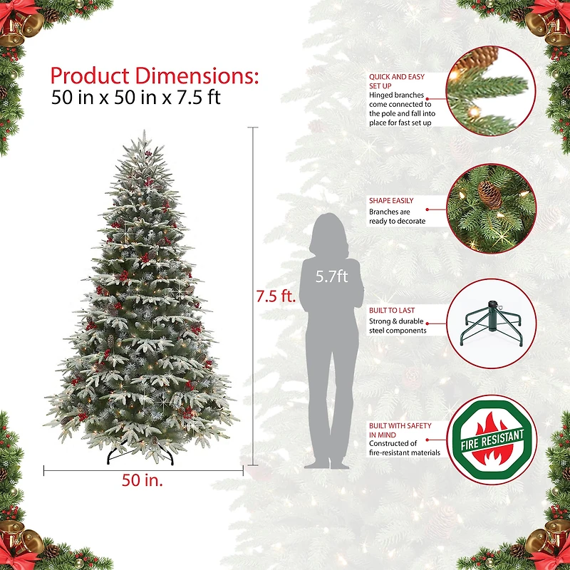 7.5ft. Pre-Lit Flocked Halifax Fir Artificial Christmas Tree, Clear Lights