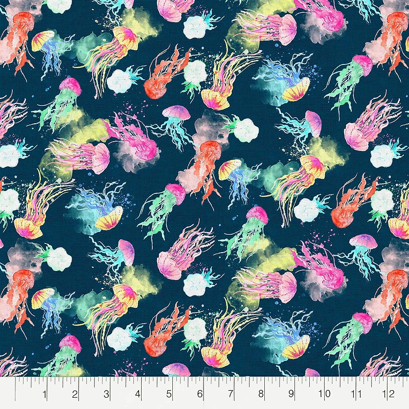 Fabric Editions Navy Deep Sea Jellyfish Cotton Fabric