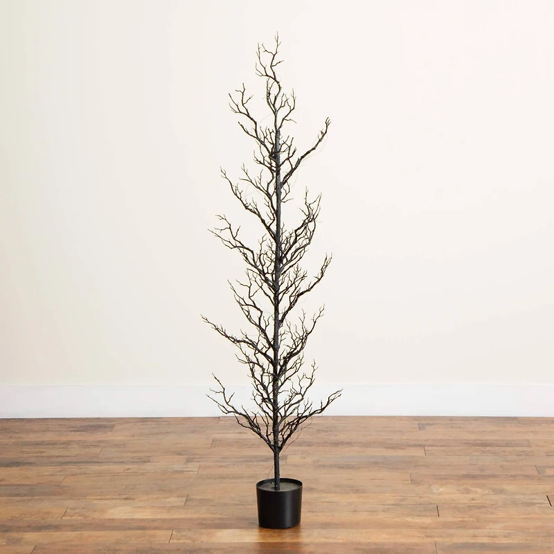 5ft. Pre-Lit Artificial Halloween Black Spooky Twig Tree with 200 Orange & Purple Copper Wire String LED Lights