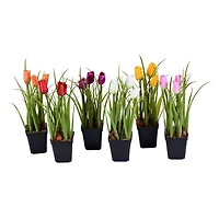 10" Artificial Tulips in Black Plastic Planters Pots, 6ct.