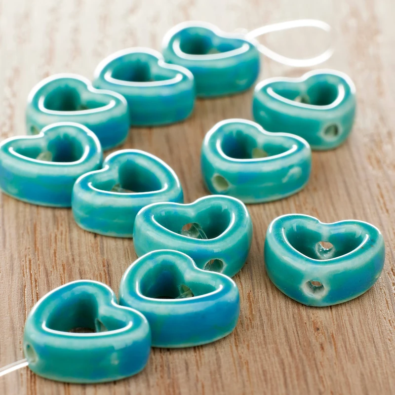 12 Packs: 11 ct. (132 total) Turquoise Ceramic Heart Beads, 14mm by Bead Landing™