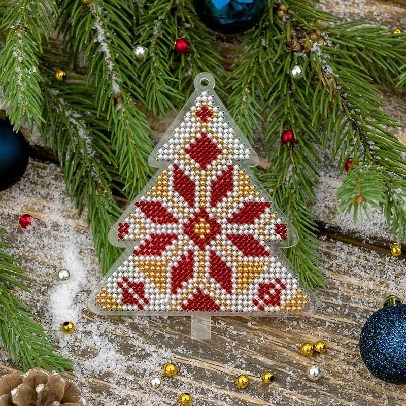 Wonderland Crafts Red & Gold Fair Isle Tree Ornament Bead Embroidery on Plastic Kit