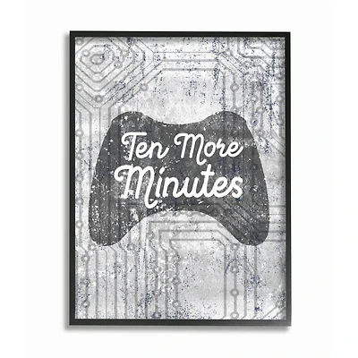 Stupell Industries Ten More Minutes Video Game Controller Gaming Grey White Words Framed Wall Art