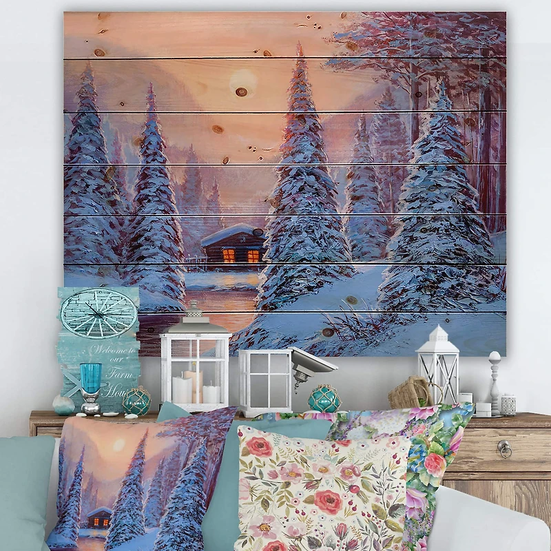 Designart - Winter Landscape & The River House In The Woods I