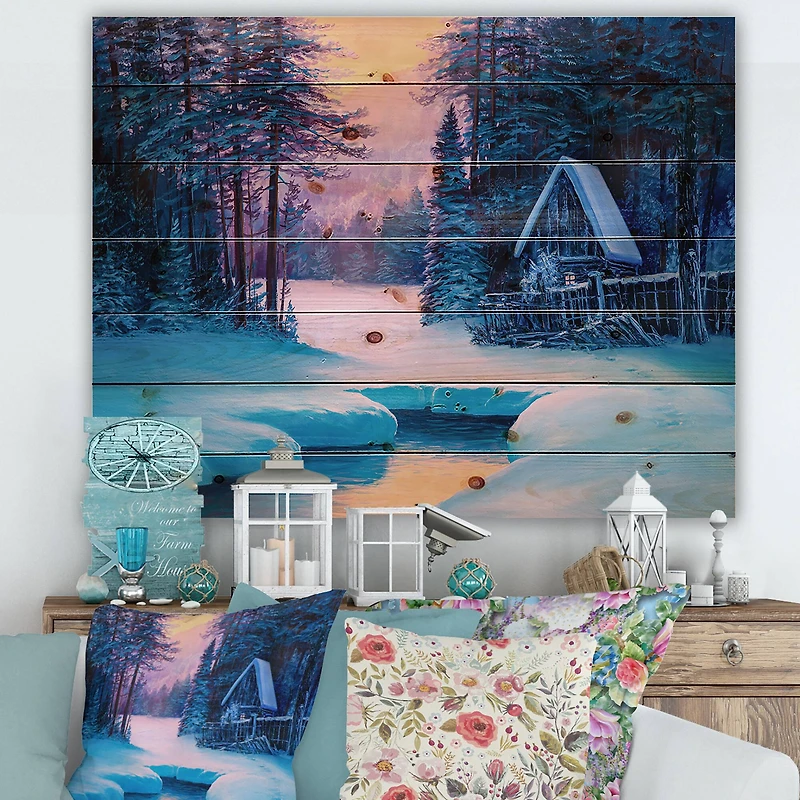 Designart - Winter Landscape & The River House In The Woods II