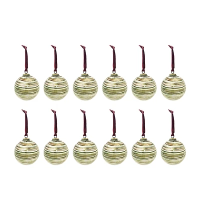 Hello Honey® 12 Pack 4" Multicolor Glass Ball Ornaments with Stripes & Velvet Ribbon Hanger