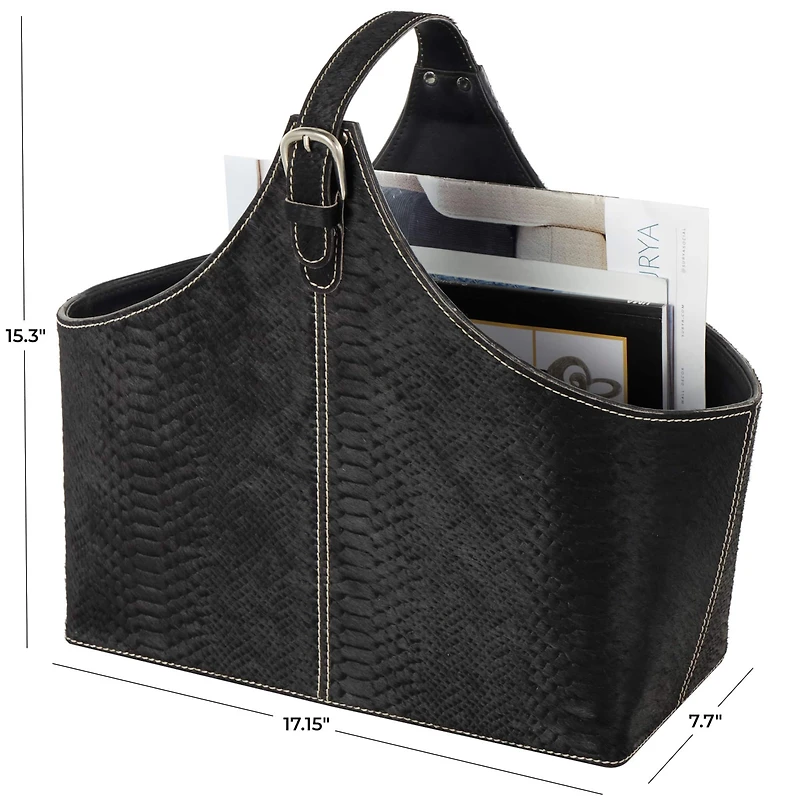 17" Black Leather Handmade Box Style Decorative Magazine Holder with Detail Stitching & Curved Buckle Handles