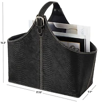17" Black Leather Handmade Box Style Decorative Magazine Holder with Detail Stitching & Curved Buckle Handles