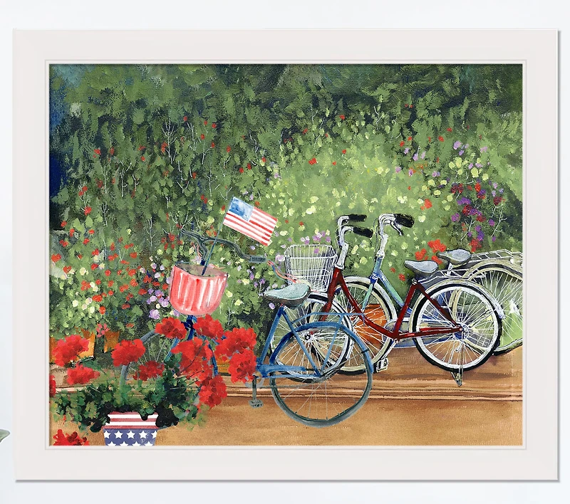 Bike in a Garden White Framed Print Under Plexiglass