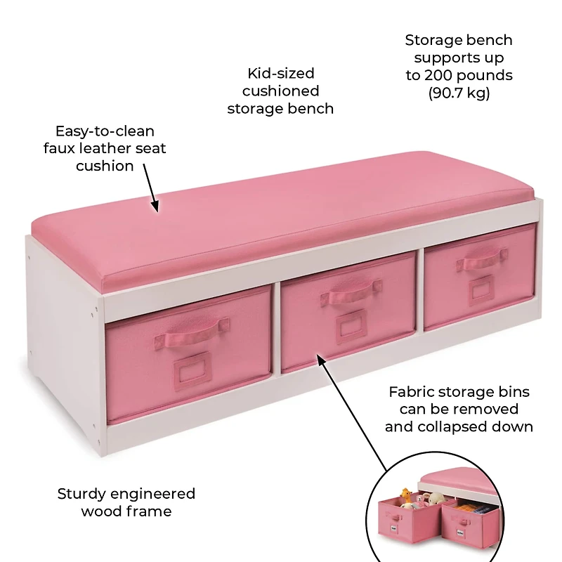 Badger Basket Kid's Cushioned Storage Bench With Three Bins