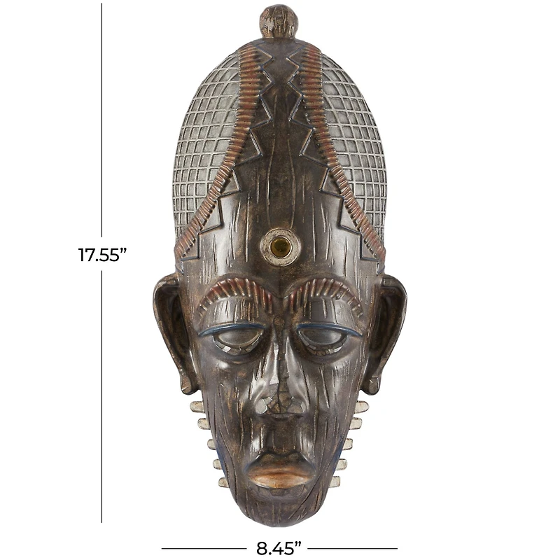 Brown Polystone Primitive African Mask Sculpture 8" x 4" x 18"