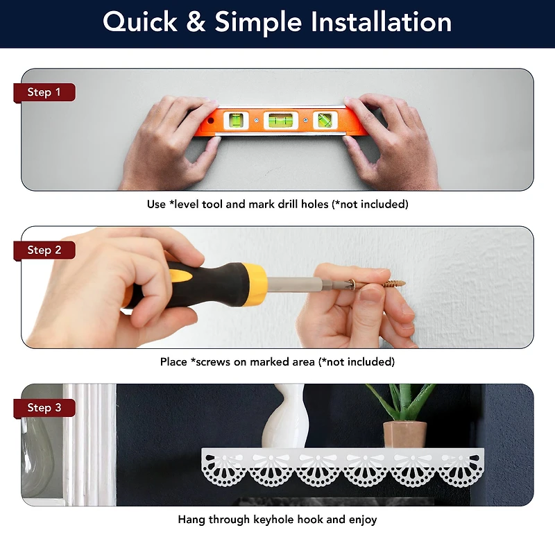 American Art Decor Scallop Metal Floating Shelves, White 3" x 5" x 24",  3pc.