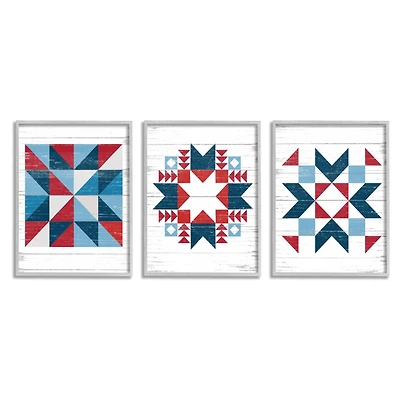 Stupell Industries Geometric Triangular Quilt Pattern Design Red White Blue in Gray Frame Wall Art