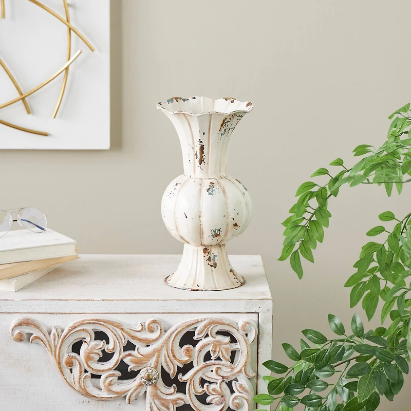 13.25" Distressed Cream Metal Tulip Vase
