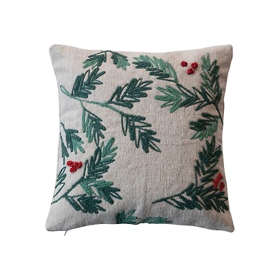 Hello Honey® 16" Embroidered Holly & Berries Woven Cotton & Jute Throw Pillow