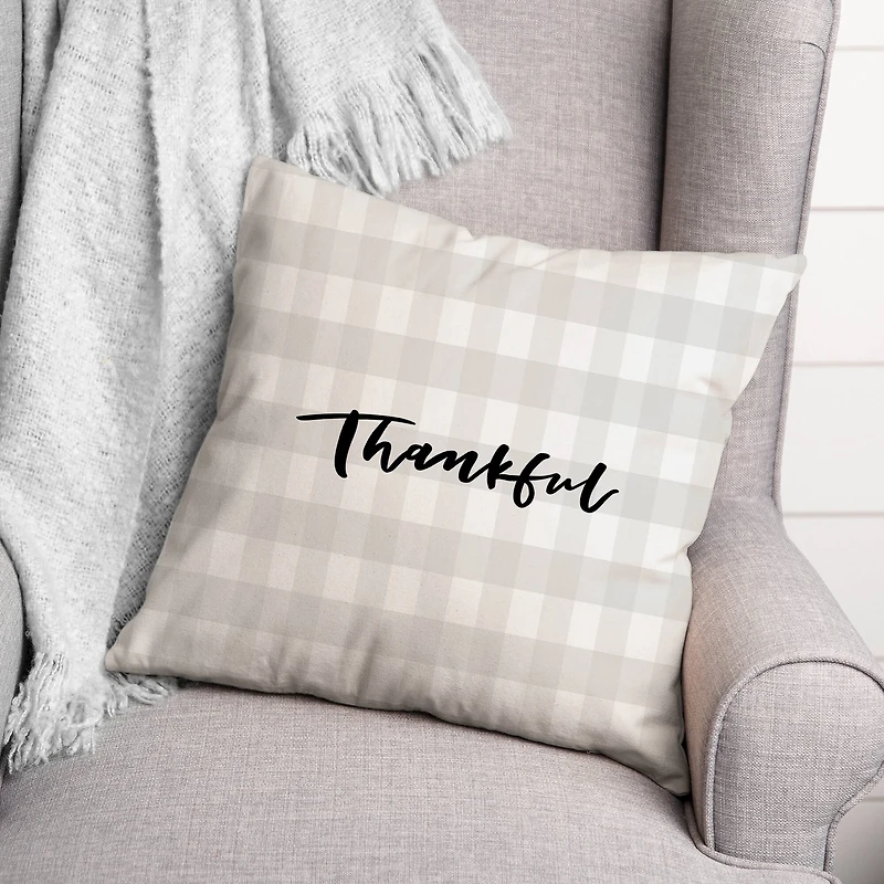 Brown Checkered Thankful Throw Pillow