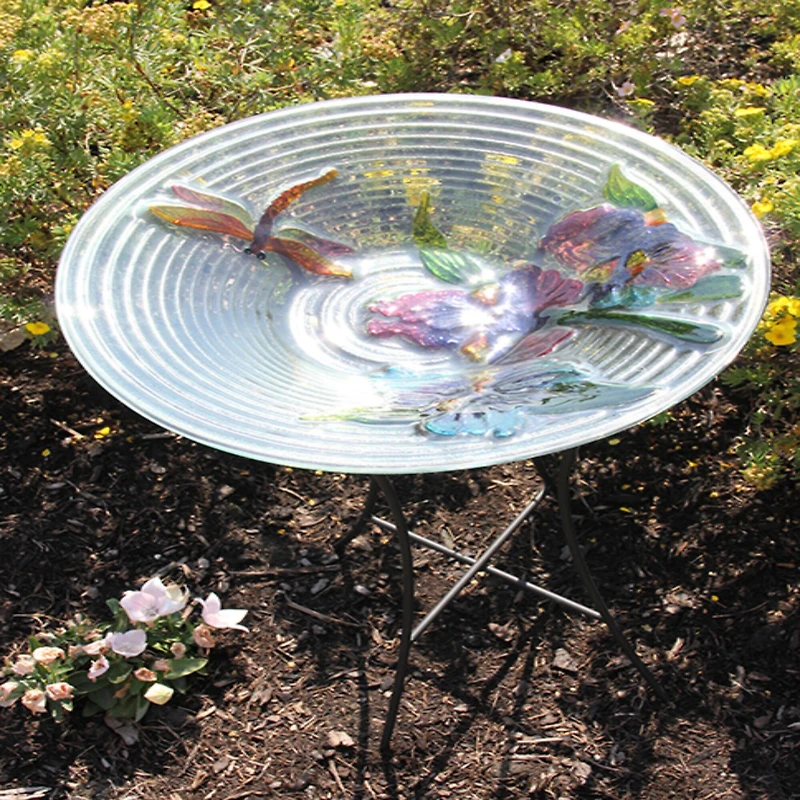 21" Hand Painted Glass Dragonfly and Flower Spring Outdoor Bird Bath