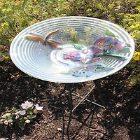 21" Hand Painted Glass Dragonfly and Flower Spring Outdoor Bird Bath
