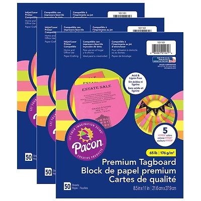 Pacon® Hyper® Colors Premium Tagboard, 3 Packs of 50